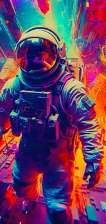 Colorful neon astronaut in space art wallpaper.