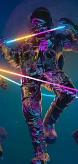 Neon astronaut in space with colorful lights and a moon backdrop.