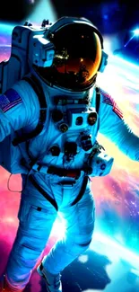 Astronaut floating over a colorful cosmic background with vibrant colors.