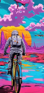 Astronaut cycling through vibrant alien landscape.