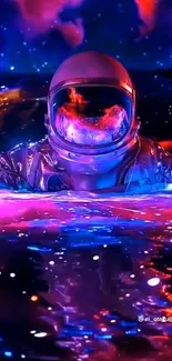 Colorful astronaut in neon space artwork.