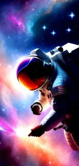 Astronaut floating in colorful galaxy with vibrant stars and cosmic nebula.