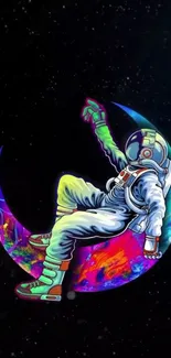 Colorful astronaut floating against galaxy-inspired background.