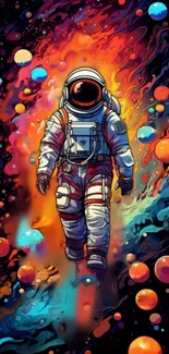 Colorful astronaut art with cosmic theme and vibrant galactic colors.