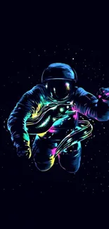 Vibrant neon astronaut floating in cosmic space on a dark blue background.