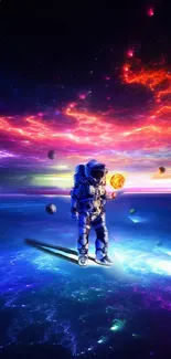 Astronaut holding a glowing orb in a vibrant galaxy background.