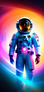 Astronaut in colorful cosmic swirl with vibrant galaxy background.