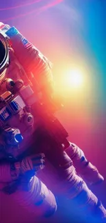 Astronaut floating in a colorful galaxy with vibrant lights and cosmic scenery.