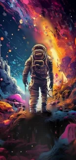 A lone astronaut walking through a vibrant, colorful cosmic landscape with planets.