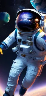 Astronaut floating in a colorful space scene with planets.