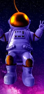 Colorful astronaut floating in a space scene with a starry purple background.