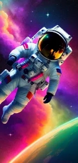 Astronaut floating in colorful space with Earth in view.