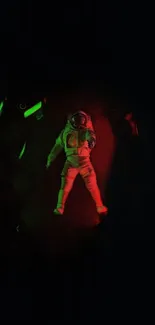 Astronaut in space with vibrant red glow against black background.