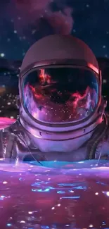 Astronaut immersed in vibrant cosmic scene with neon colors and starry backdrop.