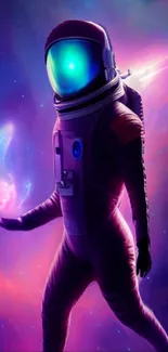 Astronaut in a vibrant purple space scene, holding a glowing orb.