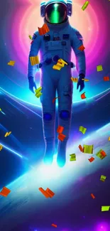 Astronaut floating in glowing, colorful space.