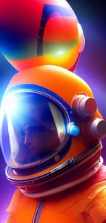 Vibrant astronaut in a cosmic galaxy setting with planets.