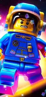 LEGO astronaut in blue suit with colorful cosmic background.