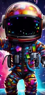 Colorful astronaut in space-themed wallpaper with vibrant hues.