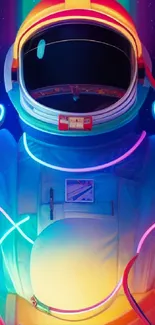 Colorful astronaut in neon lights with a cosmic background.