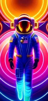 Vibrant neon astronaut with glowing rings and bright colors.