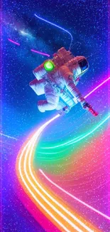 Astronaut surfing neon waves in space wallpaper.