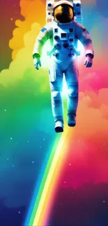 Astronaut floating through a vibrant rainbow space backdrop.