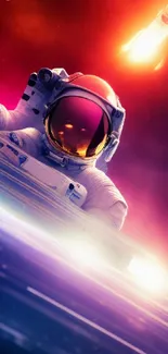 Astronaut in vibrant space scene with a launching rocket and starry sky.