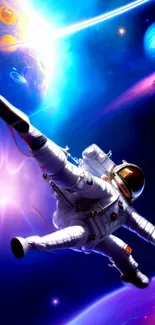 Astronaut floating in a vibrant, colorful cosmic scene.