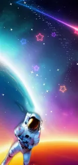 Astronaut floating in colorful space with stars and vibrant hues.