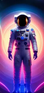 Astronaut in neon space suit with vibrant cosmic background.