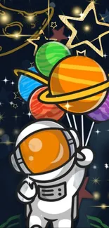 Astronaut with colorful planet balloons in a starry galaxy.