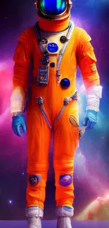 Astronaut in orange suit with colorful cosmic background.