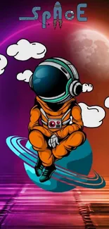 Astronaut floating in vibrant space with planets and clouds.