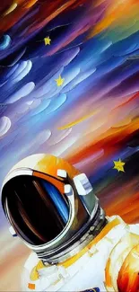 Colorful astronaut in cosmic abstract space scene.