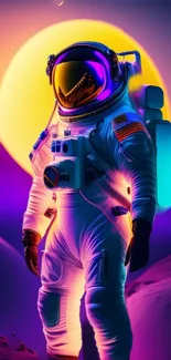 Vibrant astronaut in neon space setting.