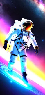 Vibrant astronaut exploring neon cosmic space scene wallpaper.