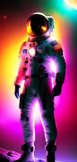 Vibrant astronaut in colorful cosmic space art wallpaper.