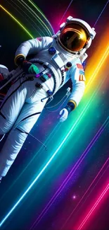 Vibrant astronaut floating in neon-lit space.