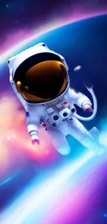 Astronaut floating in vibrant purple space background.