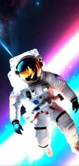 Astronaut floating in vibrant nebula space wallpaper.