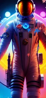 Colorful astronaut wallpaper with neon and cosmic elements.