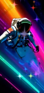 Neon astronaut floating in space with colorful light streaks.