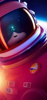 Astronaut in red suit floating over Earth with a stunning cosmic backdrop.