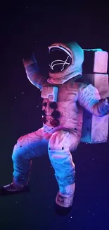 Astronaut floating in space with neon colors.