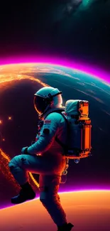 Astronaut walking in vibrant, glowing space scene with neon highlights.