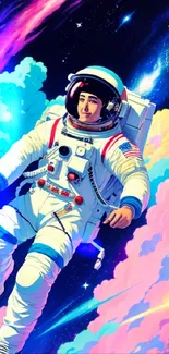 Vibrant astronaut floating in colorful space with nebulae in mobile wallpaper design.