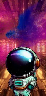 Astronaut in vibrant cosmic scene with dynamic colors on a mobile wallpaper.