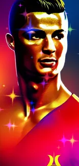 Vibrant digital art of a football star in red and yellow with a colorful background.