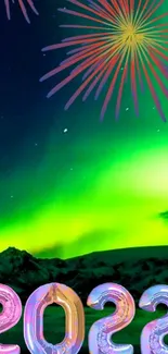 Colorful 2022 fireworks and aurora wallpaper.